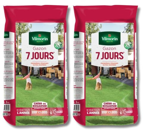 Lot de 2 sacs Gazon 7 Jours Vilmorin 5 kgs - Pelouse Ultra-Rapide 400m²