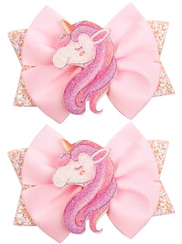 Celblisora Fiocchi luccicanti per capelli a forma di unicorno, per ragazze, 2 fiocchi a forma di unicorno, graziosi fermagli per capelli, accessori per capelli per bambini, regalo di compleanno