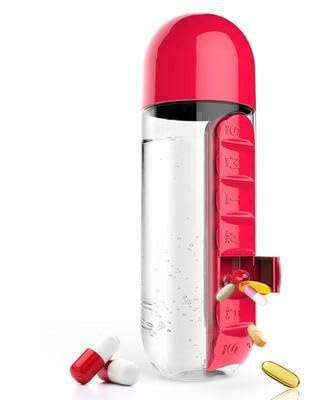 Taicols 2 en 1 Bouteille multifonction pour l'eau pour la conservation des médicaments Boîte du planificateur Conteneurs des cas de médecine de voyage 7 jours Bouteille portable (Rouge)
