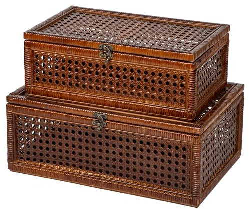 FORBRADS Handwoven Rattan Storage Boxes Set of 2, Decorative Wooden Wicker Chest with Lids and Latches, Vintage Boho Storage Trunks for Living Room, Bedroom, Home Decor
