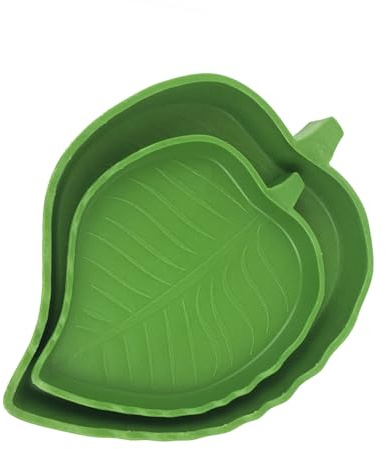 wellrun 2pcs Leaf-Shaped Reptile Food & Water Bowls,Green Plastic Feeder Dish,Food Feeding Plate for Lizards,Snakes,Turtles & Small Pets(2 Sizes)