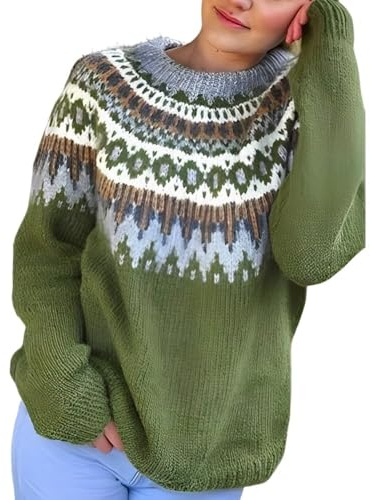 Générique Dam grovstickad tröja - lös stickad tröja dam sweatshirt ljusa toppar lösa toppar långärmad pullover tjocka jacquardtröjor bekväm tröja tröja, Färg: grön, L