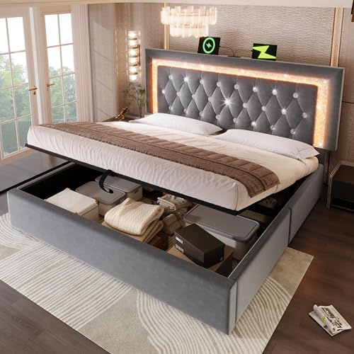 KUAKE Polsterbett Doppelbett 140x200cm mit LED-Kopfteil,USB & Type-C Ladestation, hydraulischem Bettkasten mit Stauraum, modernes Jugendbett mit Lattenrost,Samt (Grau, 140x200cm)