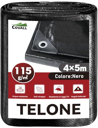 COVALL Lona Impermeable Negro 4x5 m, 115 g/m² Polietileno Alta Densidad, Resistente al Desgaste, Rayos UV y Desgarros, con Ojales, para Camping, Jardín y Vehículos