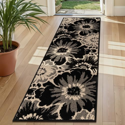 Homodeco Tapis Couloir 50 x 150 cm Moderne Florale Antidérapant Tapis de Cuisine Devant Evier Lavable Hall d'Entree Interieur Long pour Couloir, Cuisine, Buanderie, Beige et Ivoire