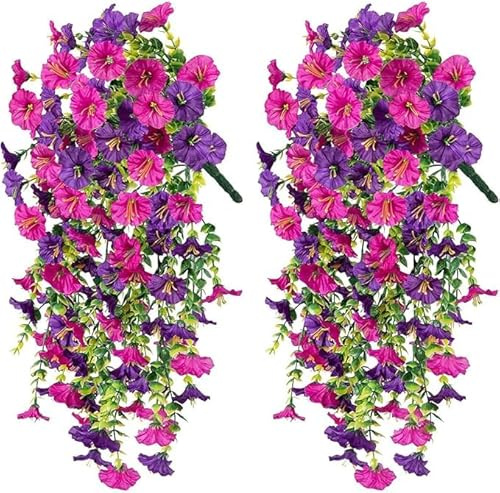 HUANYO Vibrant Artificial Hanging Petunias 4 Pack Silk Flowers for Outdoor Decoration, Waterproof Garden Plants for Balcony, Porch, Yard - Easy to Hang, No Maintenance (Purple+Red)