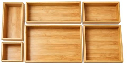 Topvaleur 6 Piece Bamboo Drawer Organiser Cutlery Drawer Organiser Drawer Dividers Adjustable Drawer Dividers Desk Tidy Organiser Set Large Cutlery Drawer Organiser Perfect For Home and Office Use
