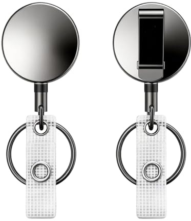 2 Pack Retractable Badge Holder, Heavy Duty Metal Extendable Key Chain with Steel Cord Belt Clip & Key Ring, Lanyard Retractable Clip for ID Badge, Name Card & Keychain (Black)