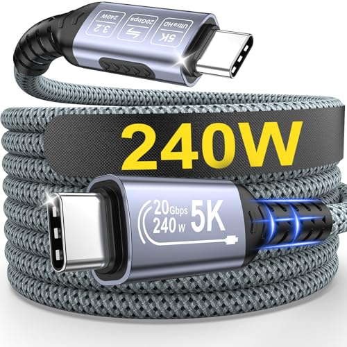 Câble USB C vers USB-C, 2m 240W Cable Type-C PD Charge Rapide, 20 Gbit/s, 5K/4K@60Hz pour iPhone 17/16 Pro Max, Samsung Galaxy S25/S24, iPad MacBook Air, Pixel 9, Xiaomi Switch PS5