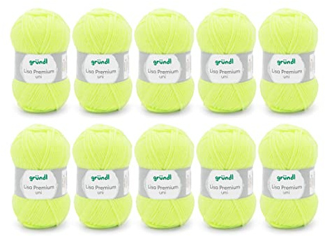 Gründl Wolle Lisa Premium uni Strickgarn 10 x 50 g, Neongelb