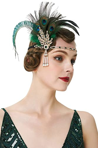 BABEYOND 1920s Stirnband mit Feder Strass Blatt Muster Damen 20er Jahre Stil Flapper Charleston Haarband Great Gatsby Damen Fasching Kostüm Accessoires (Pfau Grün)