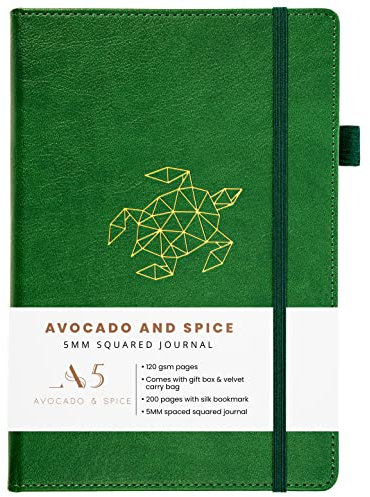 Avocado & Spice A5 Quadratisch Notizbuch, Reisetagebuch, Notizblock, Journal, A5 Hardcover Tagesplaner mit Geschenkbox & Samtbeutel - mit Lesezeichen, Gummiband, Stifthalter, 200 Seiten, (Grün)
