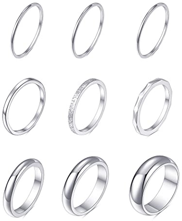 Tornito 9Pcs Stackable Eternity Ring Stainless Steel Band Knuckle Engagement Wedding Ring Size 10 for Women Silver Tone