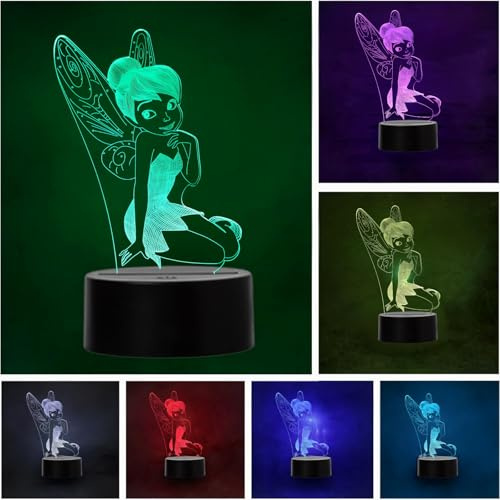 Wolobox | Lampara Infantil Campanilla Tinkerbell| Decoración Ambientes | Lampara Mesa de Noche |Luz Nocturna de Colores | Iluminación Niños y Adultos |USB | LUZ fija o Carrusel | Cable - Pilas|