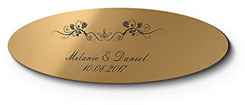 Hochzeitsschild Kunststoff oval mit Namen oder Spruch | Persönliches Geschenk zur Hochzeit | Wetterfest für die Hochzeitsbank mit Motiven zB Herzen Rosen Ringe Turteltauben