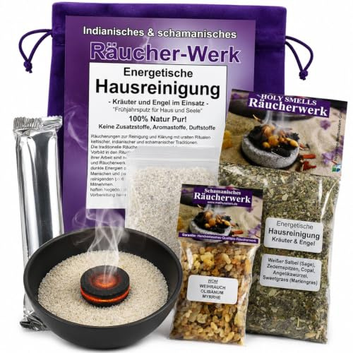 Energetische Hausreinigung räuchern KRÄUTER & Engel 9-TLG Räucherset | Negative Energie aus Haus & Wohnung ausräuchern. Mit Räucherschale, Räucherwerk, Weihrauch, Anleitung, ZUBEHÖR 81043-SWOM