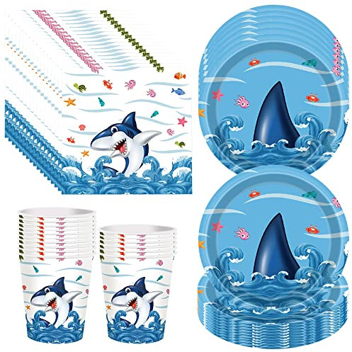 MEZHEN Hai Partygeschirr Meerestier Kindergeburtstag Deko Hai Geburtstag Party Geschirr Pappteller Becher Servietten Partygeschirr Set Tischdeko 16 Persone