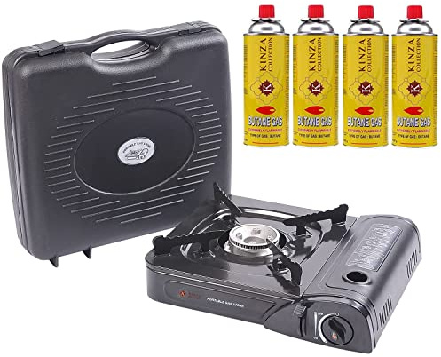 Portable Camping Gas Cooker Stove Butane Refill Bottles Fishing Picnic Cooking Gear Cookware Utensils Supplies Kitchen Grills BBQ Essentials Campfire (Camp Stove + 4 Butane Canisters)