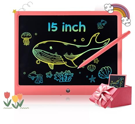 LCD Schreibtafel Buntes 15 Zoll Maltafel Löschbare Elektronische Digitale Zeichenblock Doodle Board für Kinder, Schreibplatte Papierlos Grafiktablet Das Kinder Geschenk Zeichentafel(Rosa)