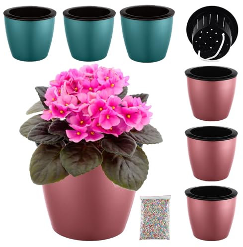 Planterhoma 6.7 Inch Self Watering Pots for Indoor Plants, 6 Packs African Violet Pots, Black Wick Pot with Drainage Holes, Self Watering Planters for Orchid, Devil's Ivy, Blue/Rose Gold