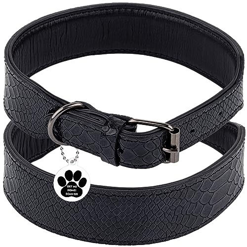 FAVPET Luxus Echtleder Halsband Hund Breit mit QR Code Anhänger, Gepolstertes Hundehalsband Leder Breit, Breites Lederhalsband Hund, Breite Hunde Halsbänder, Welpenhalsbänder Leder (Schwarz, M)