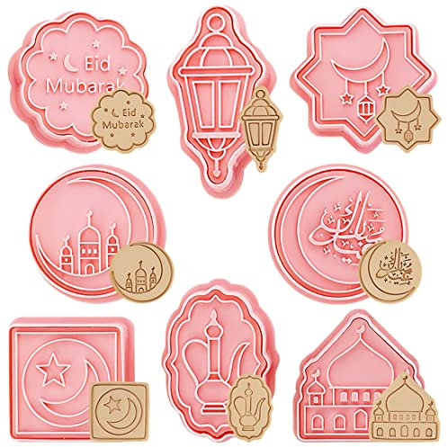 Aurasky 8pcs Emporte Piece Eid Mubarak, Emporte Pièce Ramadan 3D Fondants Bricolage, Biscuit Gâteaux Moule, Cookie Cutter I'Aaïd Mubarak Mold Ramadan Outils de Cuisson