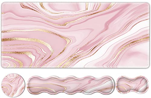 HAOCOO Mauspad Set, Großes Gaming Mauspad + Tastatur Handgelenkauflage + Mauspad mit Handgelenkstütze + Untersetzer, 90x40cm Mousepad Schreibtischmatte für Home Office, Rosa Roségold