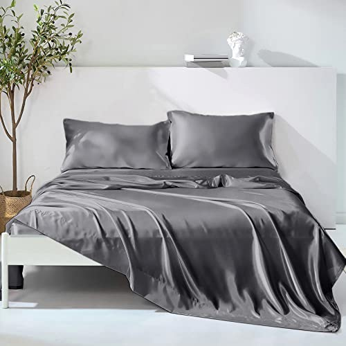 Wotcsil 4 Pezzi Completo Lenzuola Raso Matrimoniale Set Tinta Unita Biancheria da Letto Satin 200x200+Angolo 36 cm con Lenzuolo Sopra, Lenzuola Sotto con Angoli, 2 Federa, Grigio Scuro