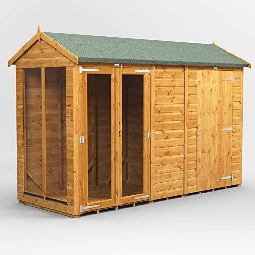 Powersheds Satteldach Sommerhaus kombiniert mit 4-stöckigem Holzschuppen, Sicherheitsfunktionen, PVC-Fensterbänke, Tür & Fenster anpassbar, aus extra dickem Holz & gehärtetem Glas