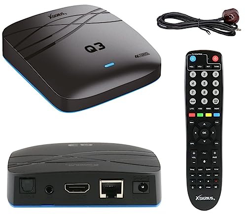 Xsarius, Made to Enjoy Q3 4K Android TV 9 TV Box mit SmartTV Funktion, WiFi, LIVETV App, Dolby Digital, VOD, USB 2.0 & 3.0, HDR10, 1GB & 8GB, YouTube, Micro SD-Kartenplatz + HM-SAT HDMI Kabel