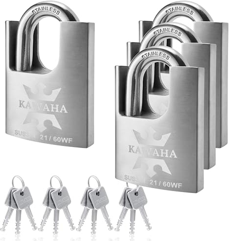 KAWAHA 21/60-4PS Hochsicherheits-Edelstahl-Vorhängeschloss mit Schutzmantel und Edelstahlschlüssel für den Innen- und Außenbereich (robust, rostfrei) (2-3/8 Zoll (60mm), gleichschließend - 4er Pack)