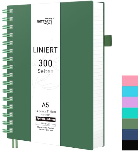 RETTACY A5 Notizblock, Notizbuch, Spiralgebundene Notizbücher, 150 Blatt/300 Seiten Zum Schreiben, 100 G/m² College-liniertes Papier, PVC-Hardcover, 14,5 x 21 cm – Dunkelgrün
