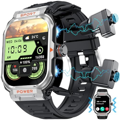 paazomu Montre Intelligente Militaire pour Homme avec Casque TWS Bluetooth Appel Sports de Plein air Fitness Tracker d'activité Moniteur de santé Montre Musicale pour iPhone Android (Silicone Argent)
