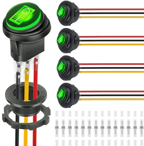 DAOKAI Runder Wippschalter 12V 20A Wasserdicht Beleuchtet Rundes Kippschalter 2 Positionen EIN/Aus Selbsthemmung Grün LED für Auto, Boot, Haushaltsgeräte(5 Stück)