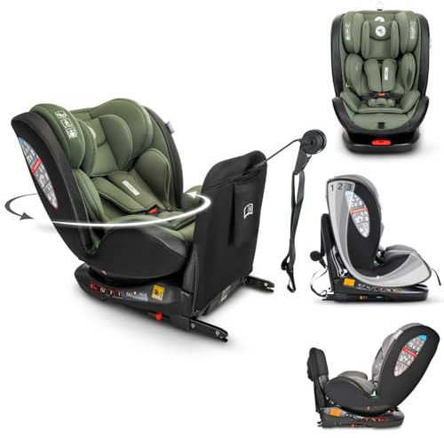 Lorelli Auto Kindersitz Ares mit Isofix, 360 Grad drehbar, (0-36 kg) Mitwachsender Autositz i-Size 40-150cm - Gruppe 0+/1/2/3, Babysitz ab Geburt, 5-Punkt-Gurt, Einstellbare Kopfstütze, grün