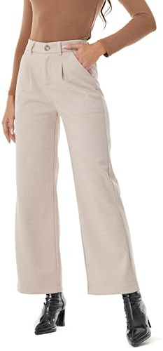 Fakanhui Pantalones de vestir de mezcla de lana para mujer, cálidos, de pierna ancha, cintura alta, informales, para el trabajo, Caqui claro, Large