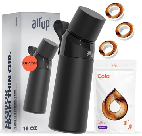 Air up® Wasserflasche (473ml) Black Steel + 3 Cola-Kapseln | Zuckerfreie Geschmackskapseln & Wasserflaschen mit Strohhalm | Aromatisierte Wasserflasche
