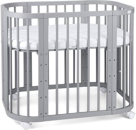 waldin Babybett 5in1, Beistellbett aus Holz, Matratze, Belüftet, Grau | Belüftet, Boden 5-fach verstellbar, Mitwachsend, Wiegefunktion optional