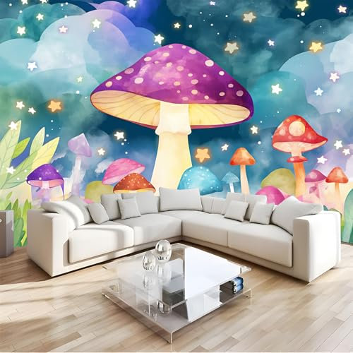 NAWVNMI Mushroom Theme Wallpaper Fairy Tale Colored Mushroom Large Wall Mural for Living Room Bedroom, Peel and Stick Wallpaper Self-Adhesive Wall Mural for Bathroom Office, 250x180cm