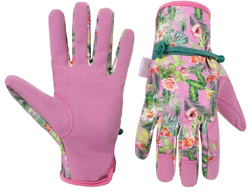 HANDLANDY Guantes de jardinería para mujer, guantes de trabajo de seguridad de cuero, transpirables, guantes de jardín para patio, el mejor regalo para jardineros (estampado floral rosa, M)