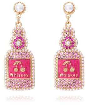 Whiskey Earrings, Beaded Whisky Wine Bottle Dangle Earrings for Women, Bohemian Pearl Cherry Whiskey Vacation Earrings for Ladies, Cute Whiskey Statement Earrings Summer Boho Jewelry (Pink)