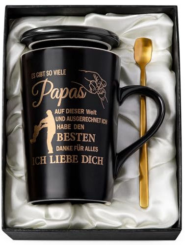Geburtstagsgeschenk für Papa, 14Oz Papa Geschenk Tasse mit Golddruck, 5PCS | 14Oz Keramik-Kaffeetasse, Goldener Druckgrafik, Deckel, Löffel, Grußkarte, Geschenkbox, Edle Geschenkset, Spülmaschinenfest