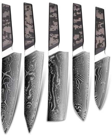 Couteau de Cuisine 67 Couches Damas VG10 Manche en Acier Japon Santoku Nakiri Kiritsuke Chef Couteau de Cuisine Utilitaire(DMS-300 5Pcs Set)