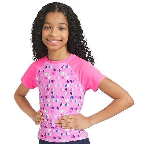 Lands' End Girls' Swim UPF 50+ Short Sleeve Sun Tee Rash Guard Shirt, Bright Pink, Medium
