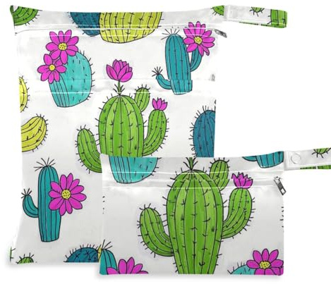 Borsa prop1 per pannolini bagnata con fiori di cactus verdi e bianchi, con manici per piscina, confezione da 2