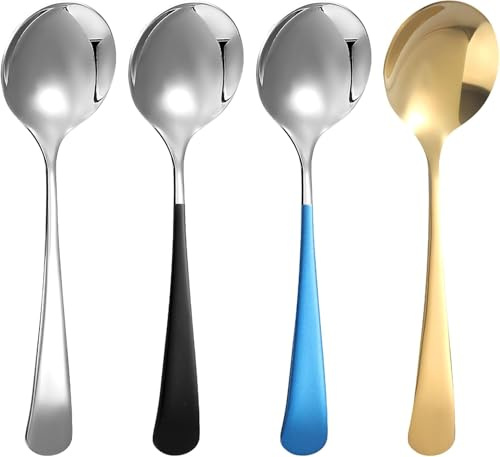 Soup Spoon, Stainless Steel 17 cm Serving Spoons for Restaurants, Hotels, Family Celebrations, Desserts & Daily Use - Dishwasher-Safe Set of 4 (Easy-Clean, 4 Vibrant Colors)