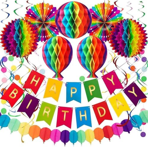 CEMIRK Geburtstagsdeko Set – Happy Birthday Deko mit Girlande, Papierfächern, Wabenbällen & Luftschlangen, Wiederverwendbar für Kindergeburtstag, Frauen, Männer & Party Deko