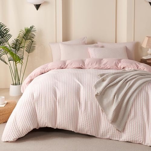 Striped Duvet Cover Set Queen Pink Washed Microfiber Jacquard 3 Pieces Bedding Set, White Pink Vertical Ticking Stripes Pattern Comforter Cover with Zipper Closure Breathable Durable Soft Comfy