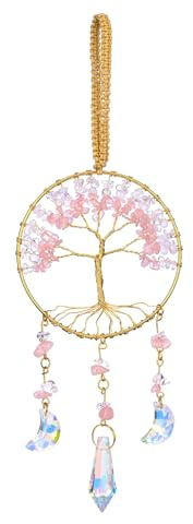 CrystalTears Rose Quartz Crystal Tree Life Suncatcher, Handmade Pink Healing Crystal Gemstone Hanging Ornament for Home Garden Window Wall Decoration Gifts for Women Men Friends Christmas