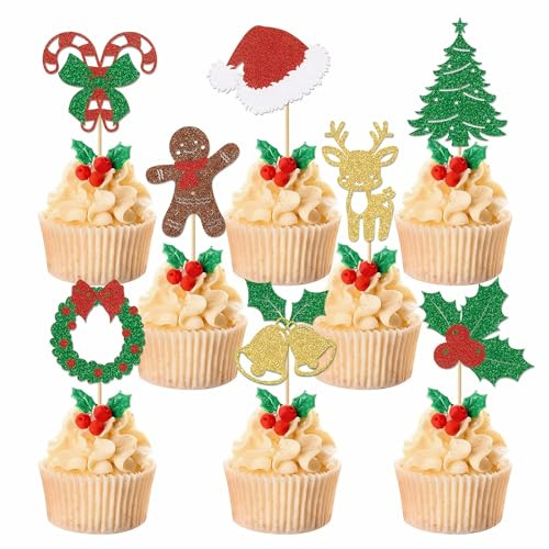 16 Pezzi Toppers per Torta di Natale, Decorazioni Natalizie per Cupcake, Glitter, Fiocco di Neve, Omino di Pan di Zenzero, Alce, Campanelli, Dolci, per Decorazioni Natalizie